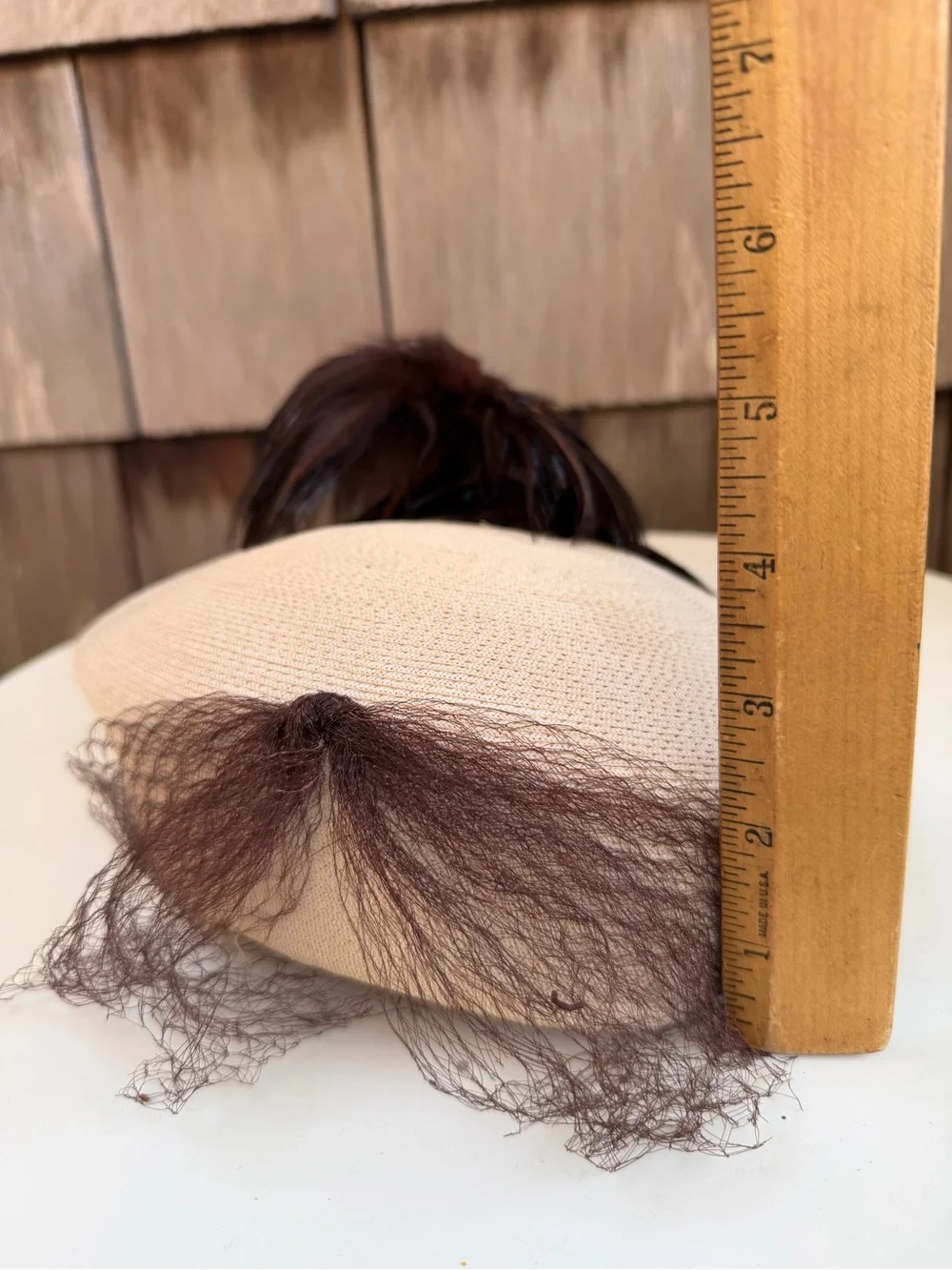 Vintage faux straw beige pillbox hat bows & brown feathers accent tassels 21.5”.